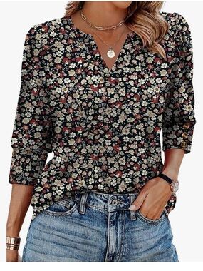 Floral V-Neck 3/4 Sleeve Women's Top - Black